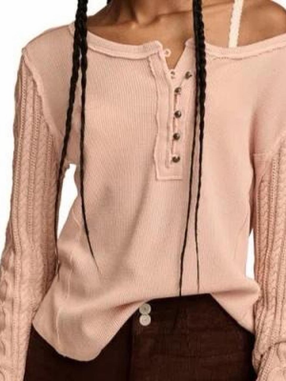 Lucky Brand Light Pink/Cream Textured Mixed Sweater Long Sleeve Knit Henley Top